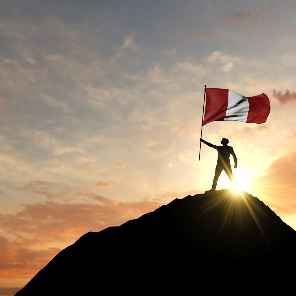 Peru flag being waved at the top of a mountain summit. 3D Rendering